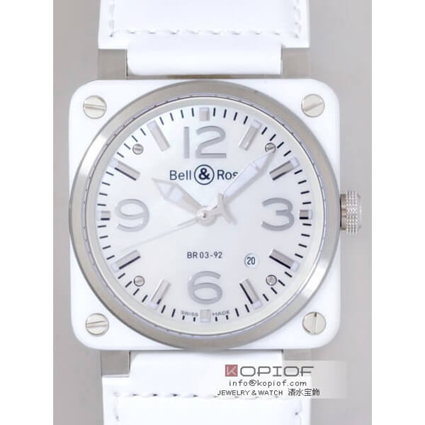 ベル＆ロス スーパーコピーBR03-92 WHITE CERAMIC 42mm カーフベルト ホワイトシェル/シルバーアラビア