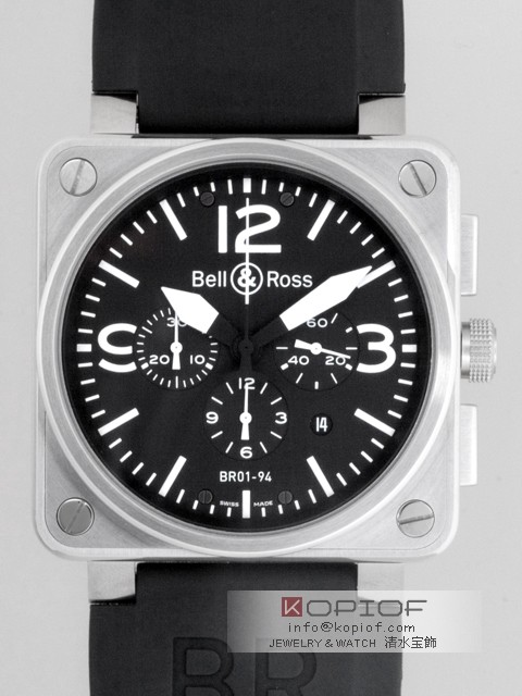 ベル＆ロス スーパーコピーBell＆Ross BR01-94 BLACK DIAL クロノグラフ ラバーベルト ブラック/ホワイトアラビア