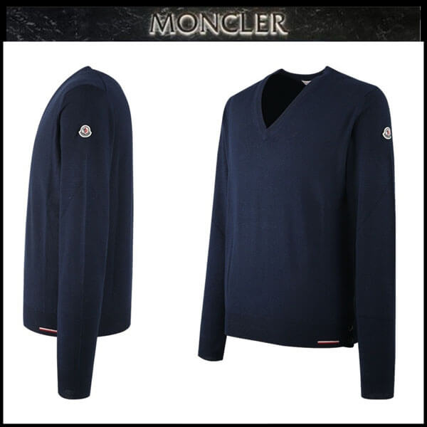 モンクレール コピー MONCLER 2019 ロゴパッチ ウール Vネックニット ネイビー