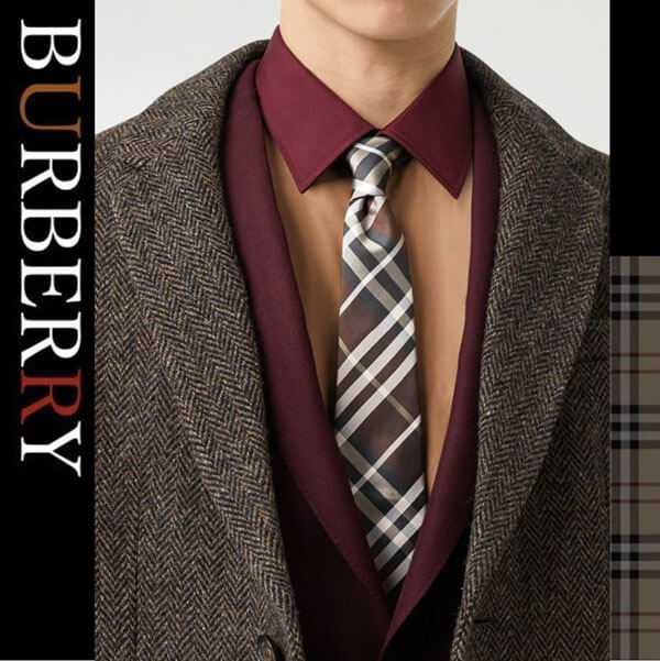 【BURBERRY】ネクタイコピー ブラウン レッド シルク チェックネクタイ