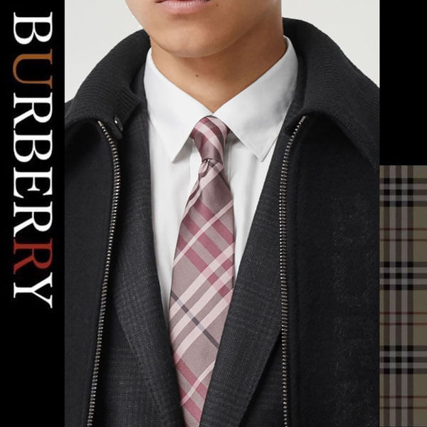 【BURBERRY】ピンク シルク チェックパターン ネクタイ コピー  ◆素材 シルク100％ ◆カラー ピンク