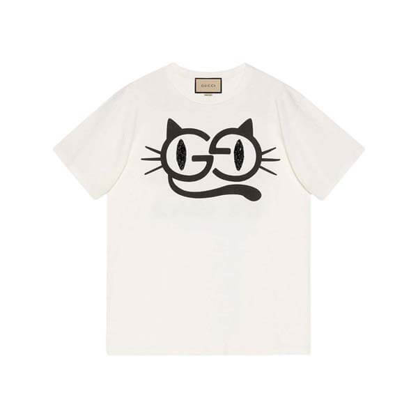 グッチ キャットアイ プリント コットンジャージー Tシャツ偽物 615044 XJDGG 9127