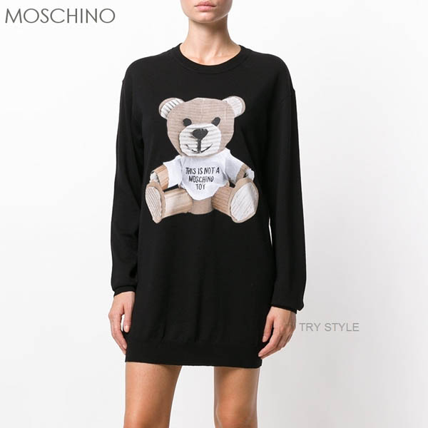 モスキーノ コピーMOSCHINO2018 ウール テディベア柄 ニットワンピース Moschino ワンピース