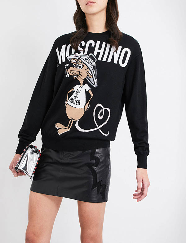 モスキーノ コピーMOSCHINO 2018 Rat-A-Porter ロング ウール プルオーバー Moschino ニット セーター 愛いネズミさん 長袖薄手ニット