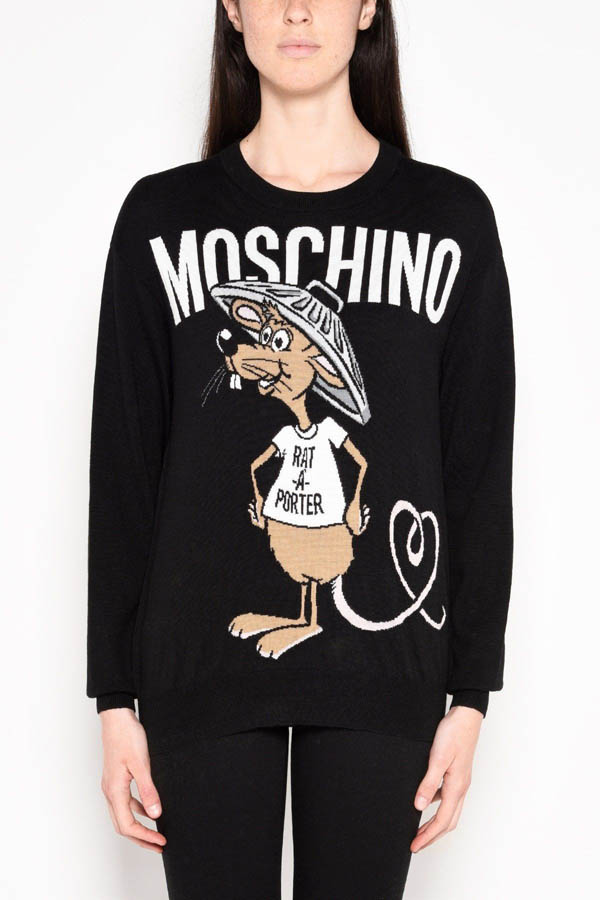 モスキーノ コピーMOSCHINO 2018 Rat-A-Porter ロング ウール プルオーバー Moschino ニット セーター 愛いネズミさん 長袖薄手ニット