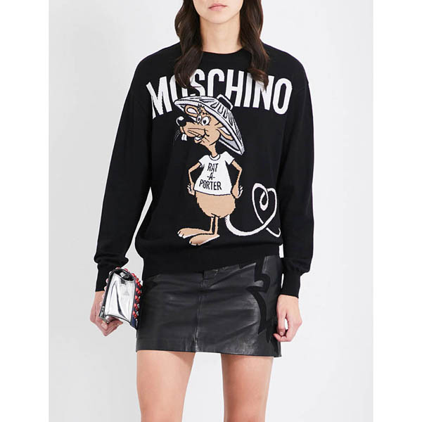 モスキーノ コピーMOSCHINO 2018 Rat-A-Porter ロング ウール プルオーバー Moschino ニット セーター 愛いネズミさん 長袖薄手ニット